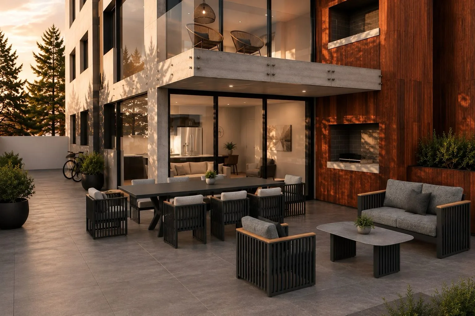 Deck de planta baja con living exterior, mesa y parrillero junto al muro de chapa corten